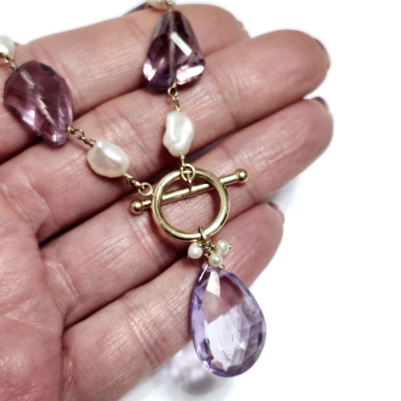 14K Gold Amethyst Pearl Drop Necklace - Picture 3 of 12